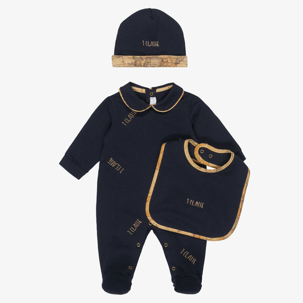 Alviero Martini-Boys Navy Blue Cotton Babygrow Set with Geo Trim | Childrensalon Outlet