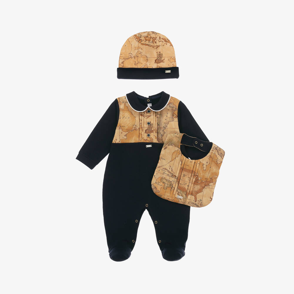 Alviero Martini-Boys Navy Blue Cotton Geo Map Babysuit Set | Childrensalon Outlet