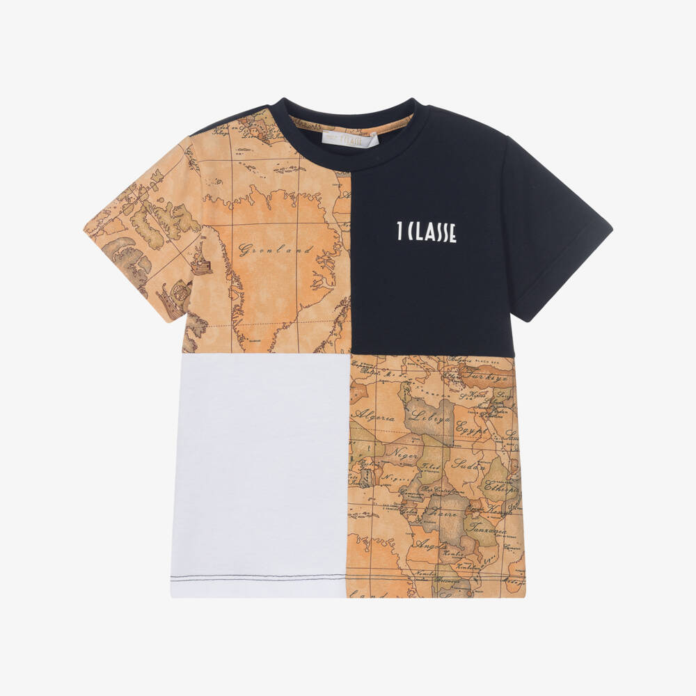 Alviero Martini-Boys Navy Blue Cotton Geo Map T-Shirt | Childrensalon Outlet
