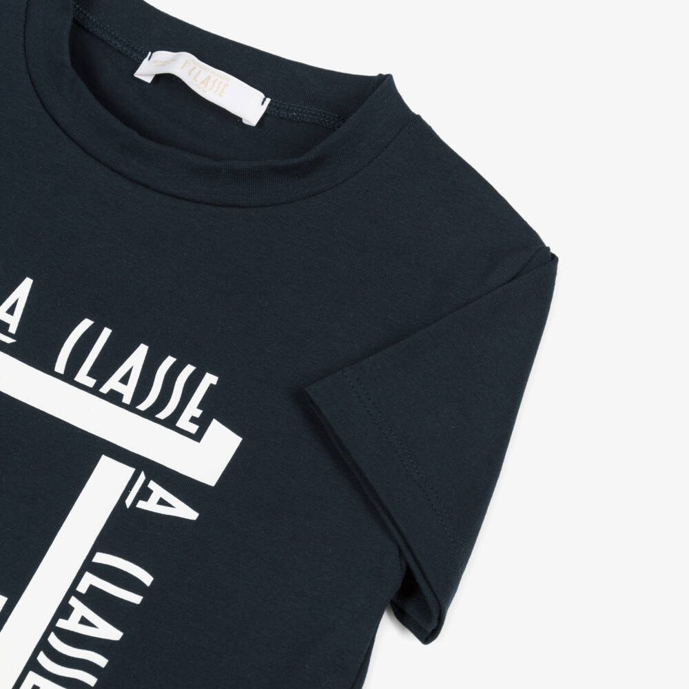 Alviero Martini-Boys Navy Blue Cotton T-Shirt with 1A Classe Logos | Childrensalon Outlet