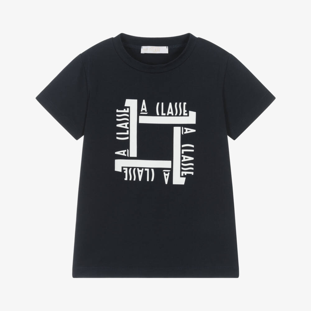 Alviero Martini-Boys Navy Blue Cotton T-Shirt with 1A Classe Logos | Childrensalon Outlet