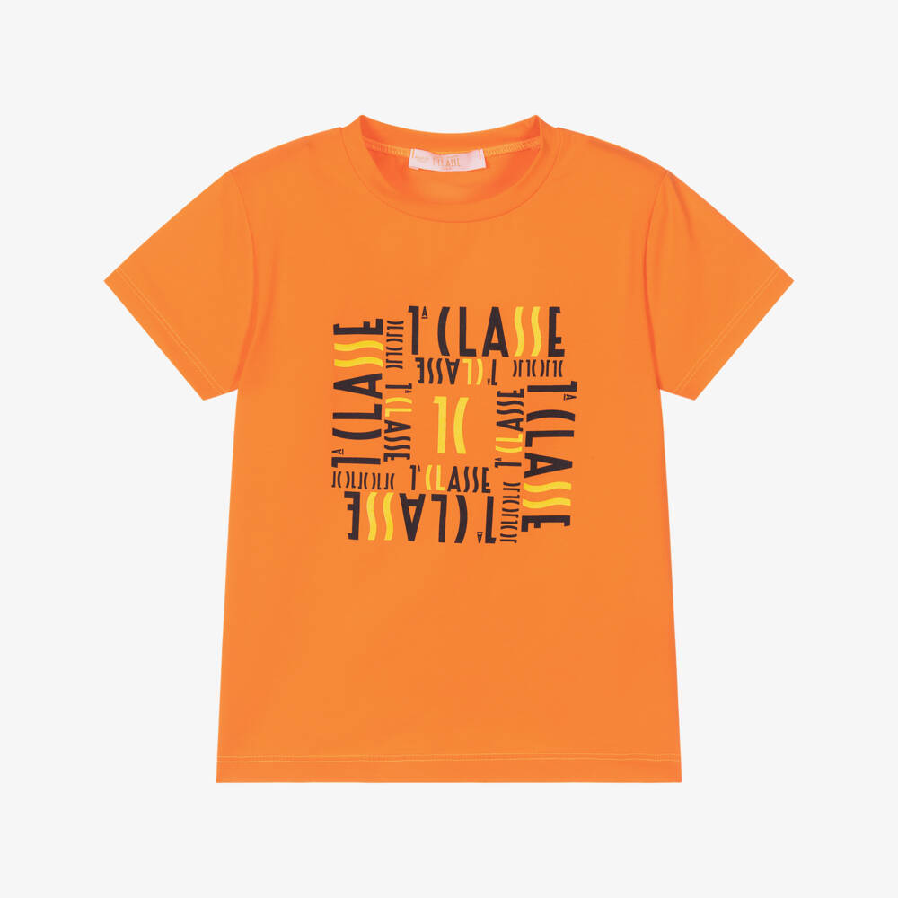 Alviero Martini-Boys Orange Cotton T-Shirt with 1st Classe Pattern | Childrensalon Outlet