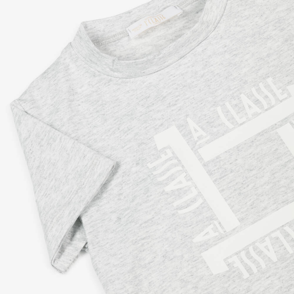 Alviero Martini-Boys Pale Grey Marl Cotton T-Shirt with 1A Classe Logos | Childrensalon Outlet