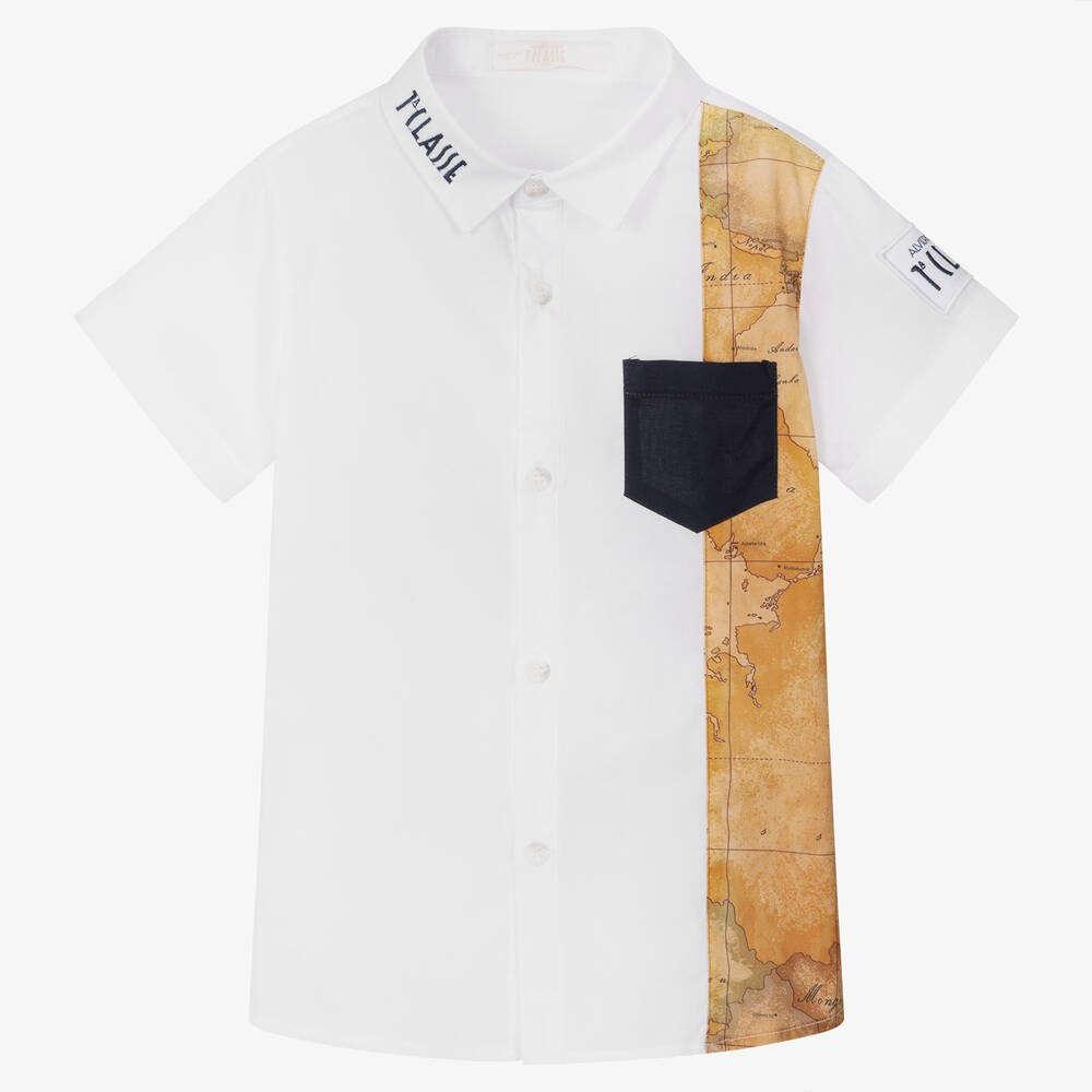 Alviero Martini - Hemd mit Landkarte in Weiß & Beige | Childrensalon