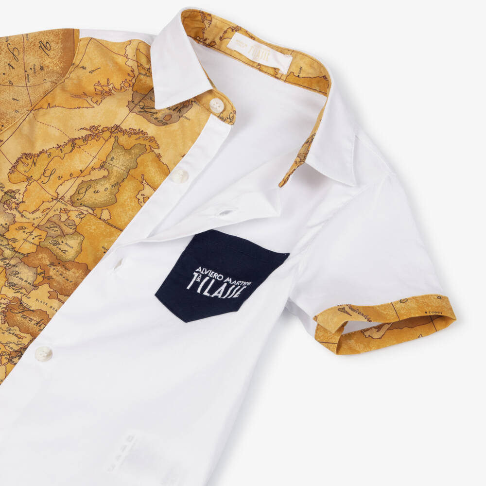 Alviero Martini-Boys White & Beige Geo Map Short Sleeve Shirt | Childrensalon Outlet