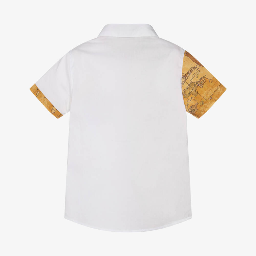 Alviero Martini-Boys White & Beige Geo Map Short Sleeve Shirt | Childrensalon Outlet