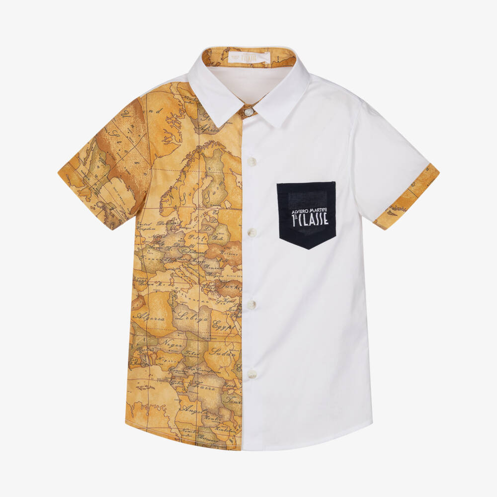 Alviero Martini-Boys White & Beige Geo Map Short Sleeve Shirt | Childrensalon Outlet