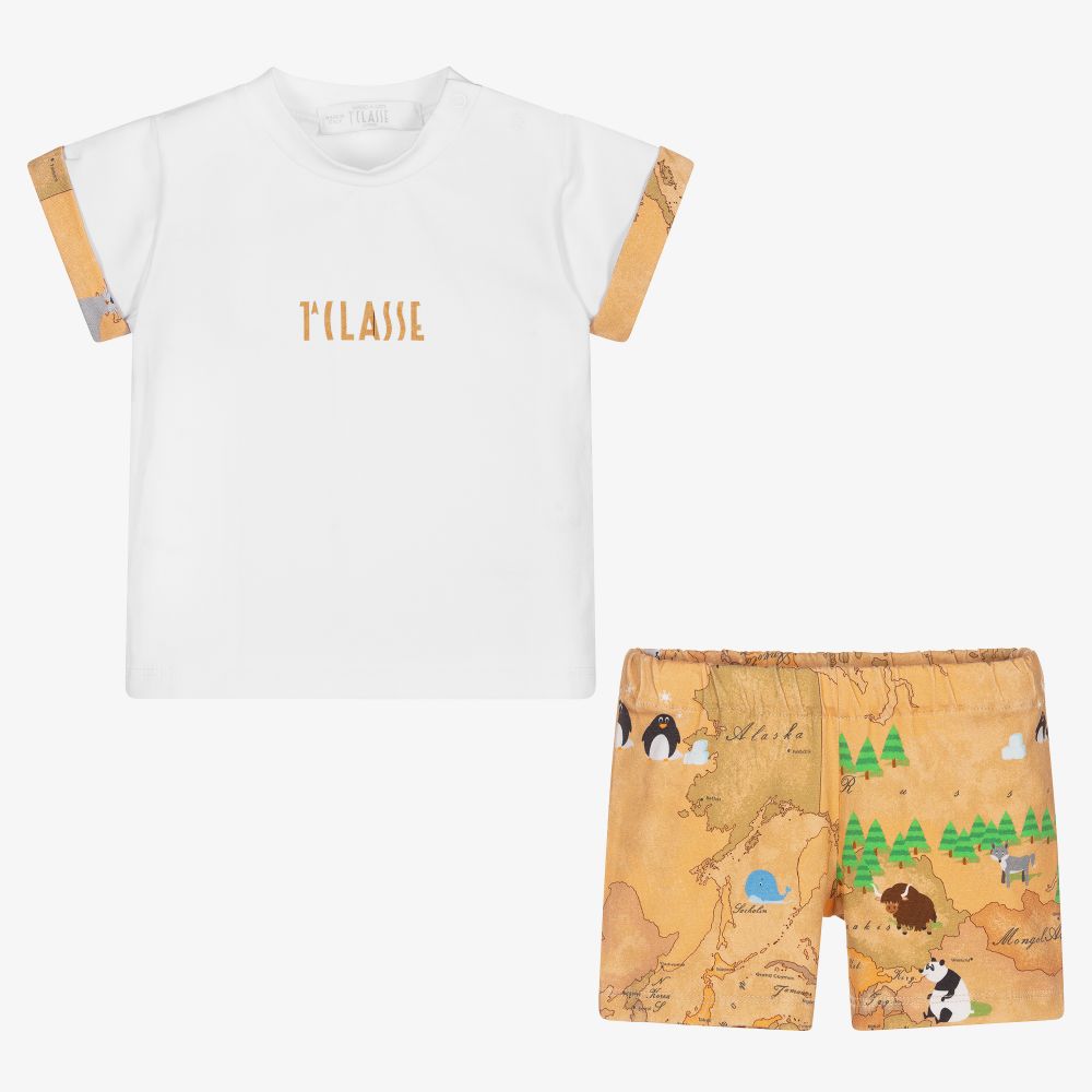 Alviero Martini-طقم شورت قطن جيرسي لون أبيض وبيج للمواليد | Childrensalon Outlet