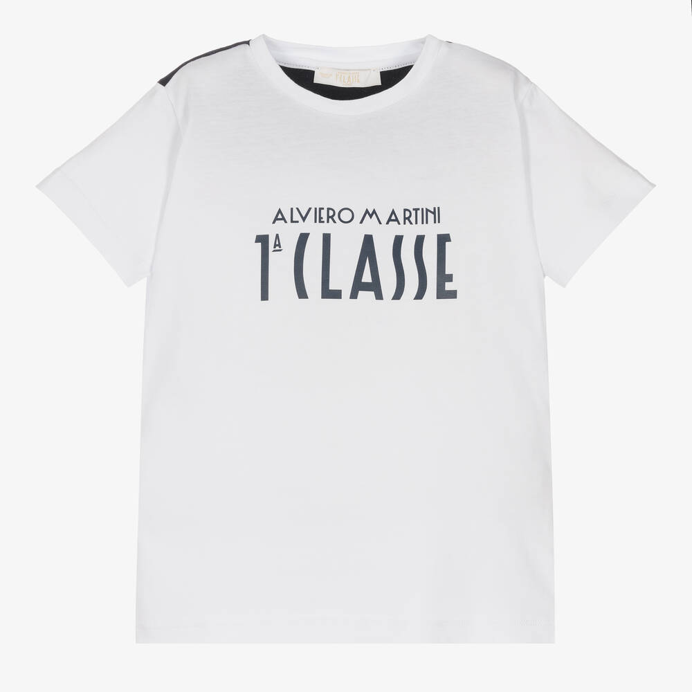 Alviero Martini-Boys White Cotton 1a Classe Logo T-Shirt | Childrensalon Outlet