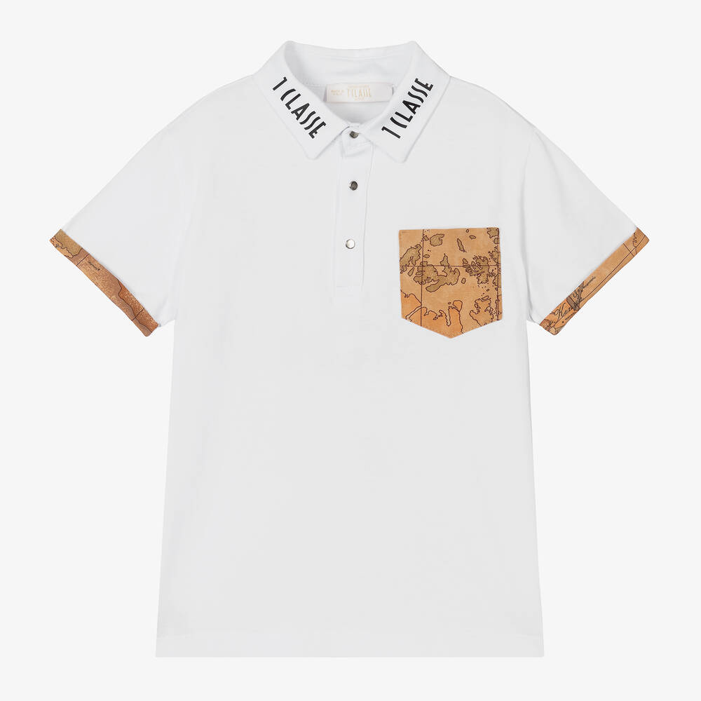 Boys White Cotton Geo Map Polo Shirt