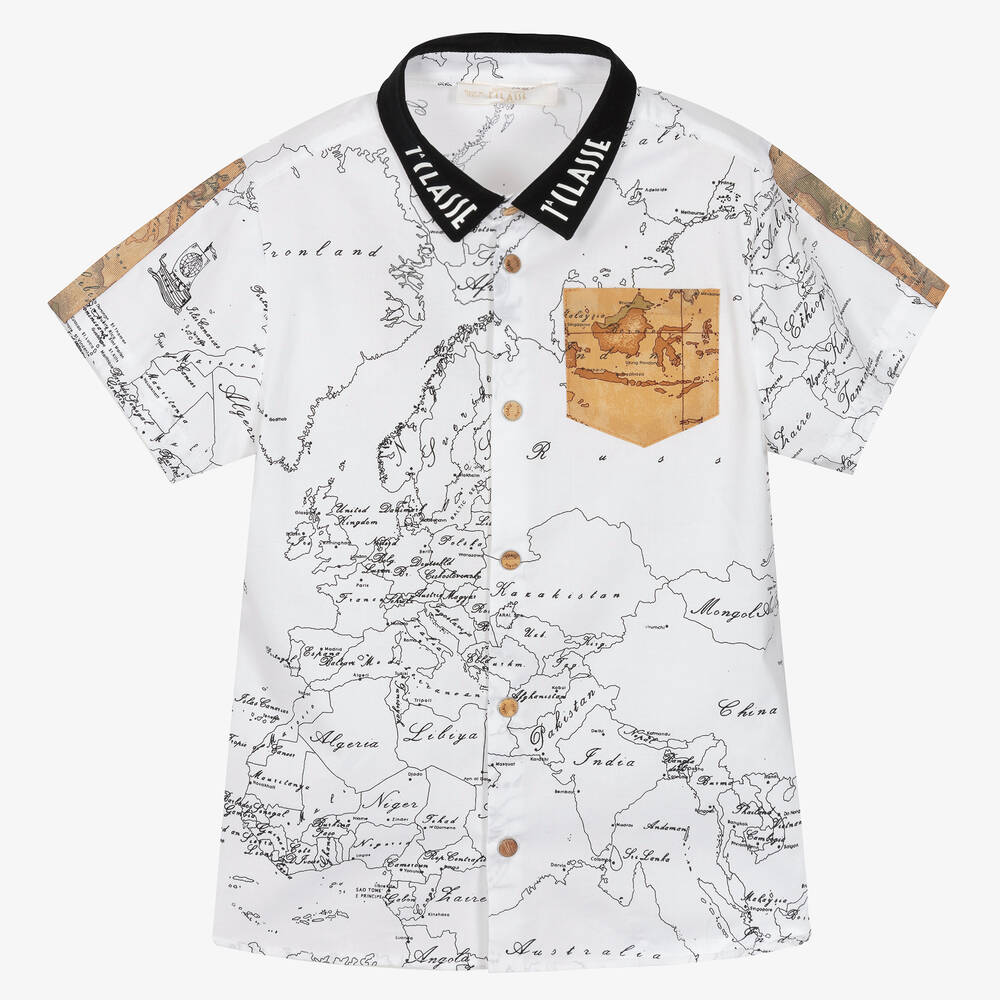 Alviero Martini - Boys White Cotton Geo Map Shirt | Childrensalon