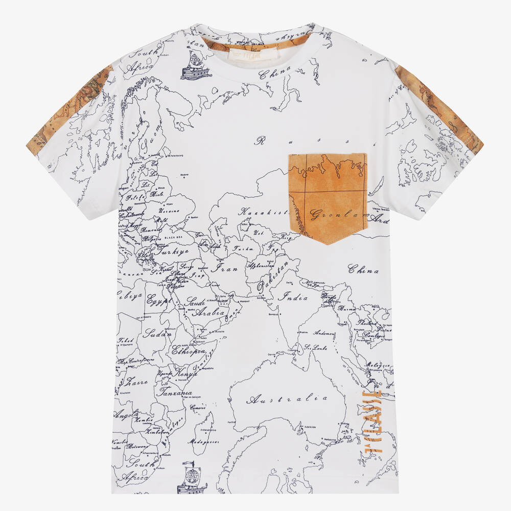 Alviero Martini - Boys White Cotton Geo Map T-Shirt | Childrensalon