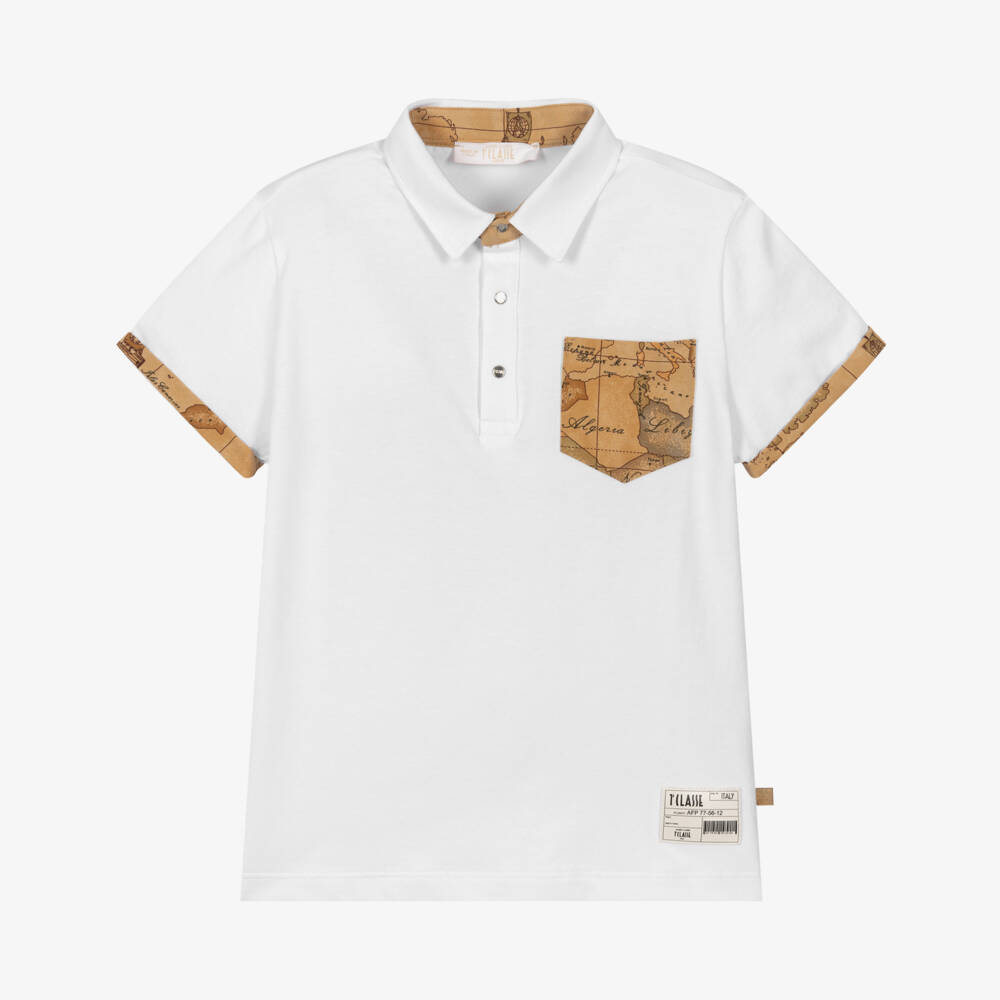 Alviero Martini-Boys White Cotton Jersey Polo Shirt with Geo Map Trim  | Childrensalon Outlet