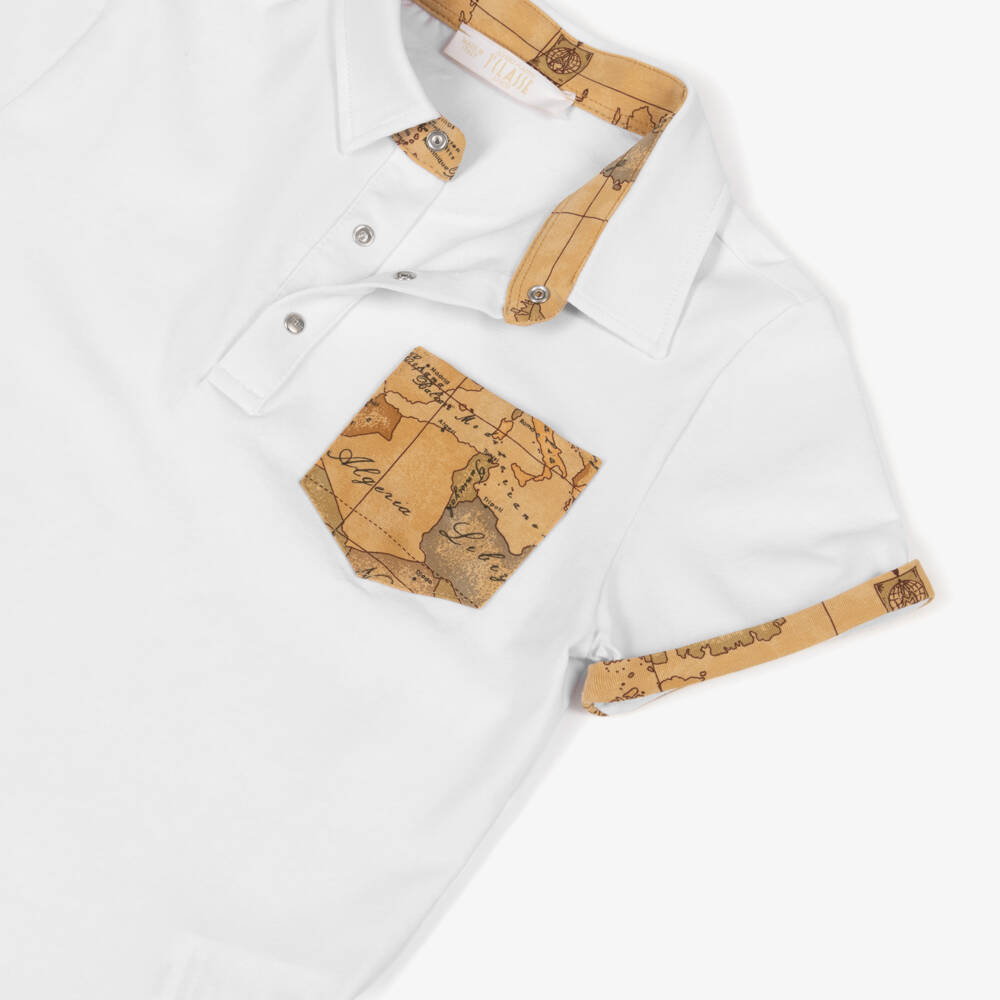 Alviero Martini-Boys White Cotton Jersey Polo Shirt with Geo Map Trim  | Childrensalon Outlet