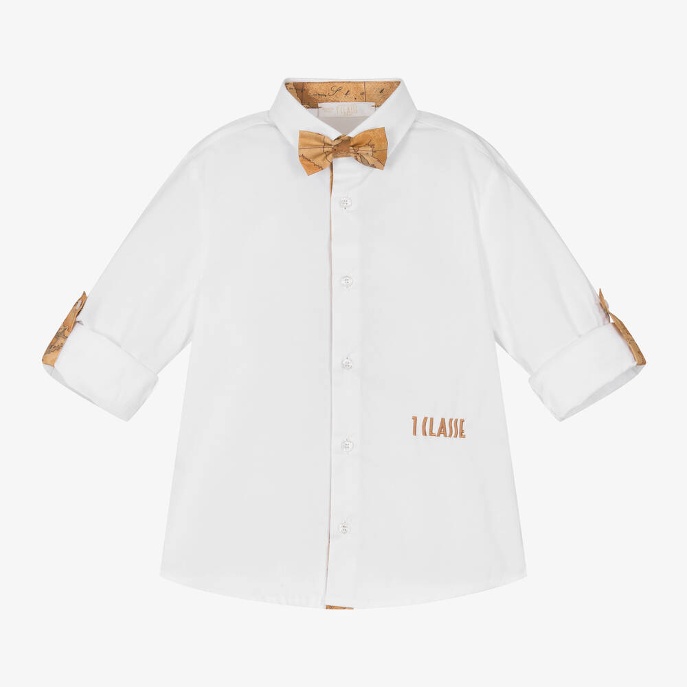 Alviero Martini-Boys White Cotton Shirt & Geo Map Bow Tie | Childrensalon Outlet
