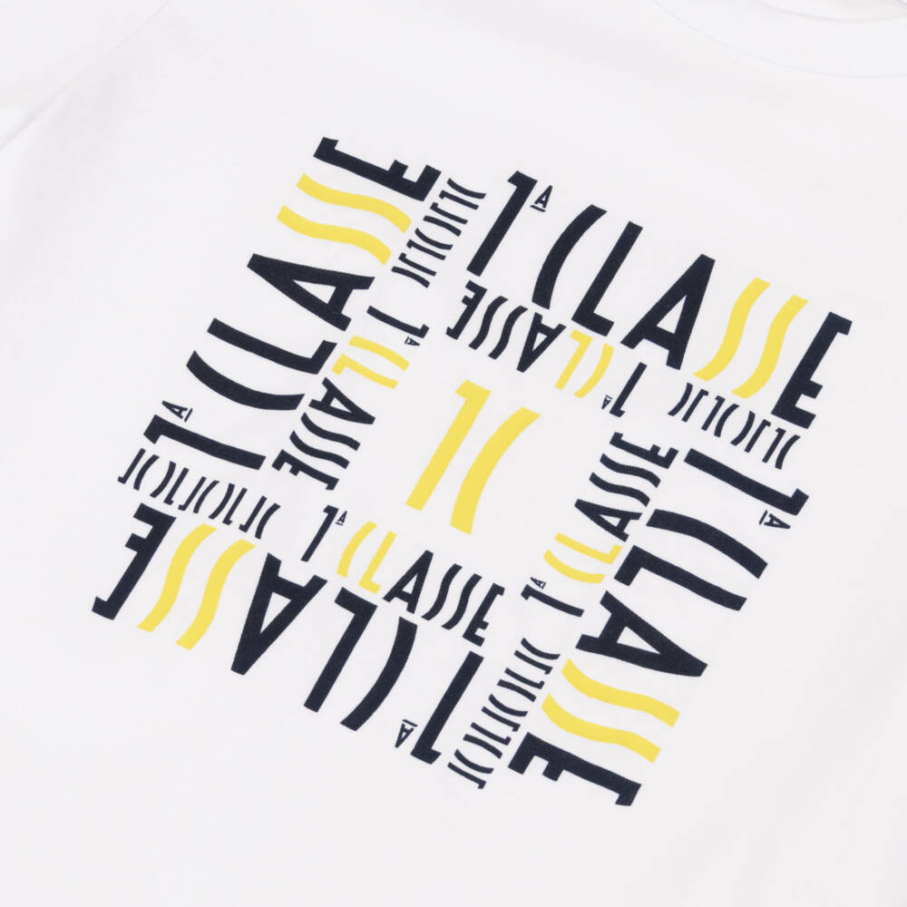 Alviero Martini-Boys White Cotton T-Shirt with 1st Classe Pattern | Childrensalon Outlet