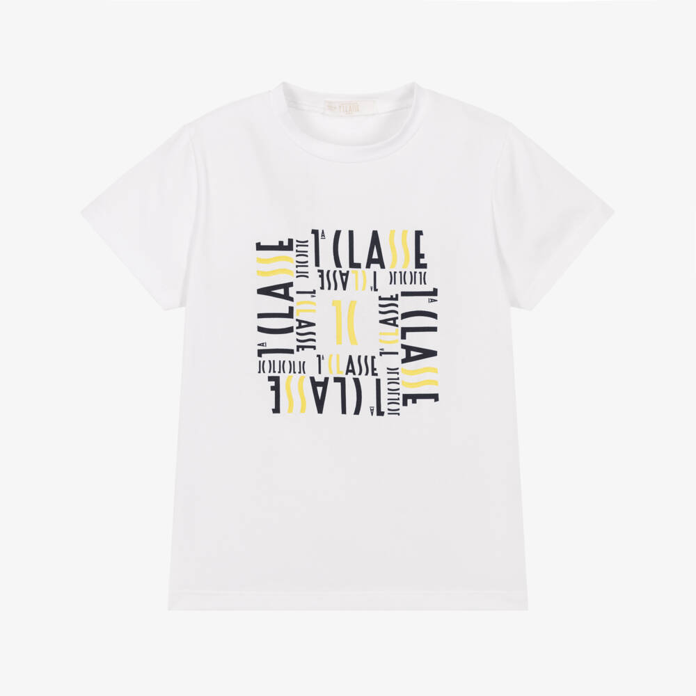Alviero Martini-Boys White Cotton T-Shirt with 1st Classe Pattern | Childrensalon Outlet