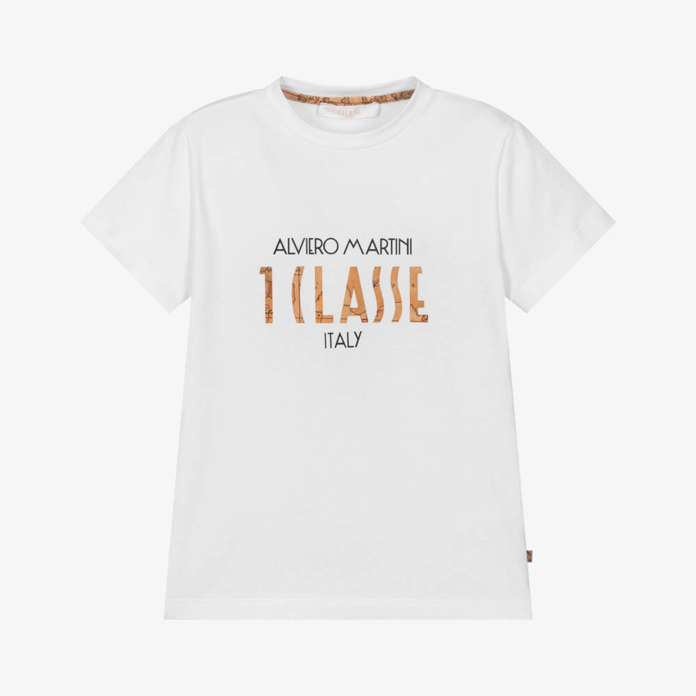 Alviero Martini-Boys White Cotton T-Shirt with Geo Map Logo  | Childrensalon Outlet