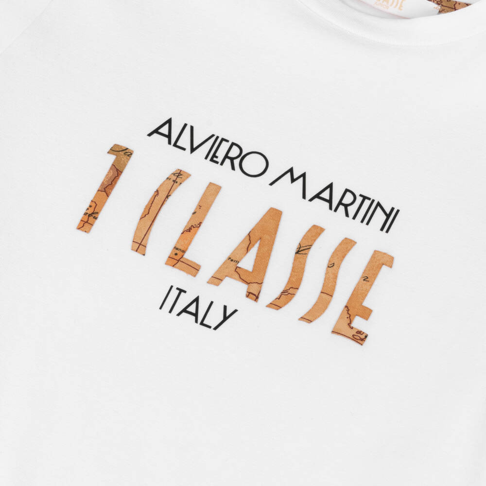 Alviero Martini-Boys White Cotton T-Shirt with Geo Map Logo  | Childrensalon Outlet