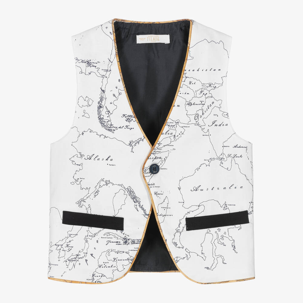 Alviero Martini - Boys White Geo Map Cotton Waistcoat | Childrensalon