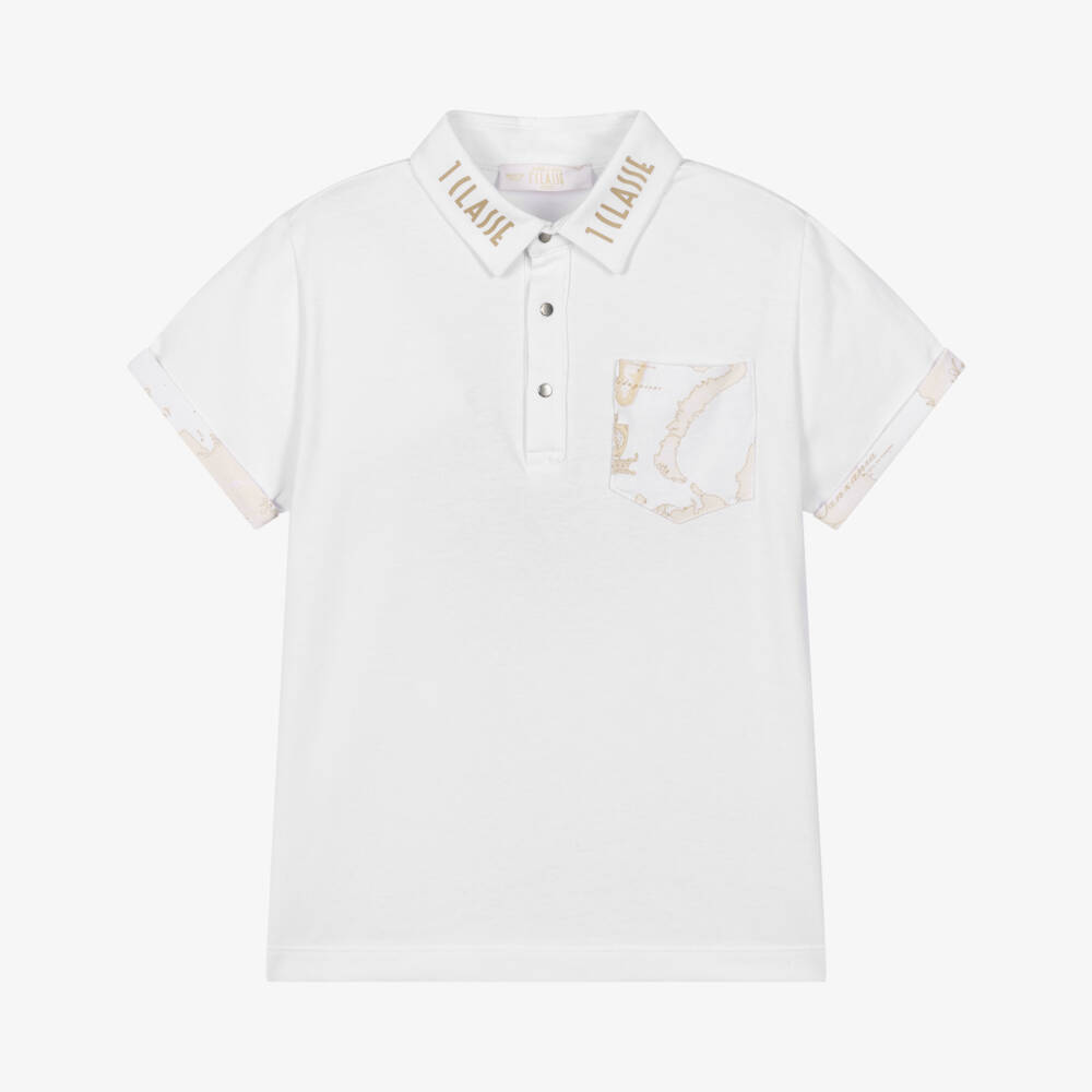 Alviero Martini-Boys White Polo Shirt with 1A Classe Logos & Geo Map Trims | Childrensalon Outlet