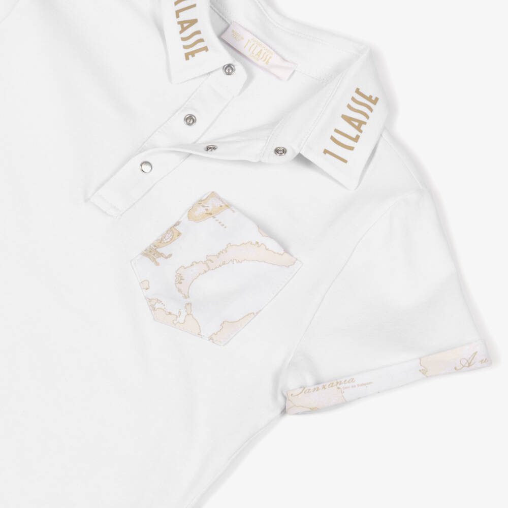 Alviero Martini-Boys White Polo Shirt with 1A Classe Logos & Geo Map Trims | Childrensalon Outlet