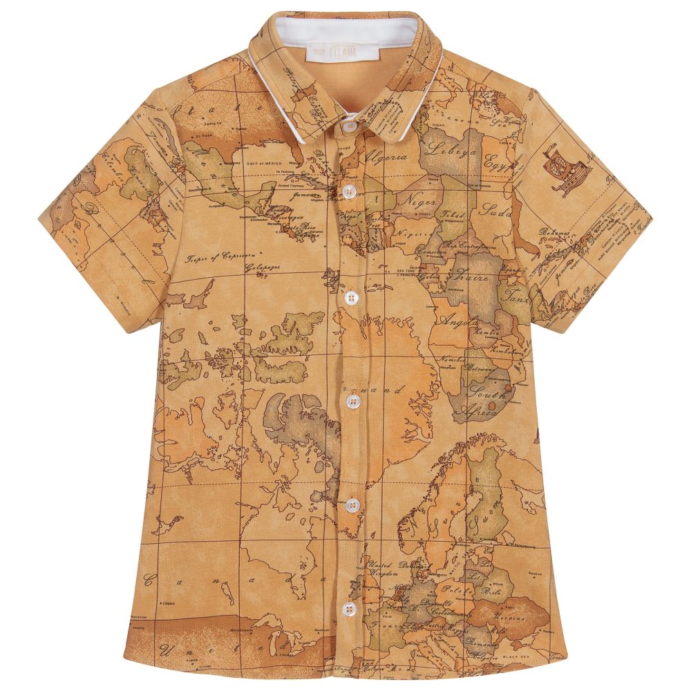 Alviero Martini - Dunkelbeiges Hemd mit Geo-Karten-Print  | Childrensalon