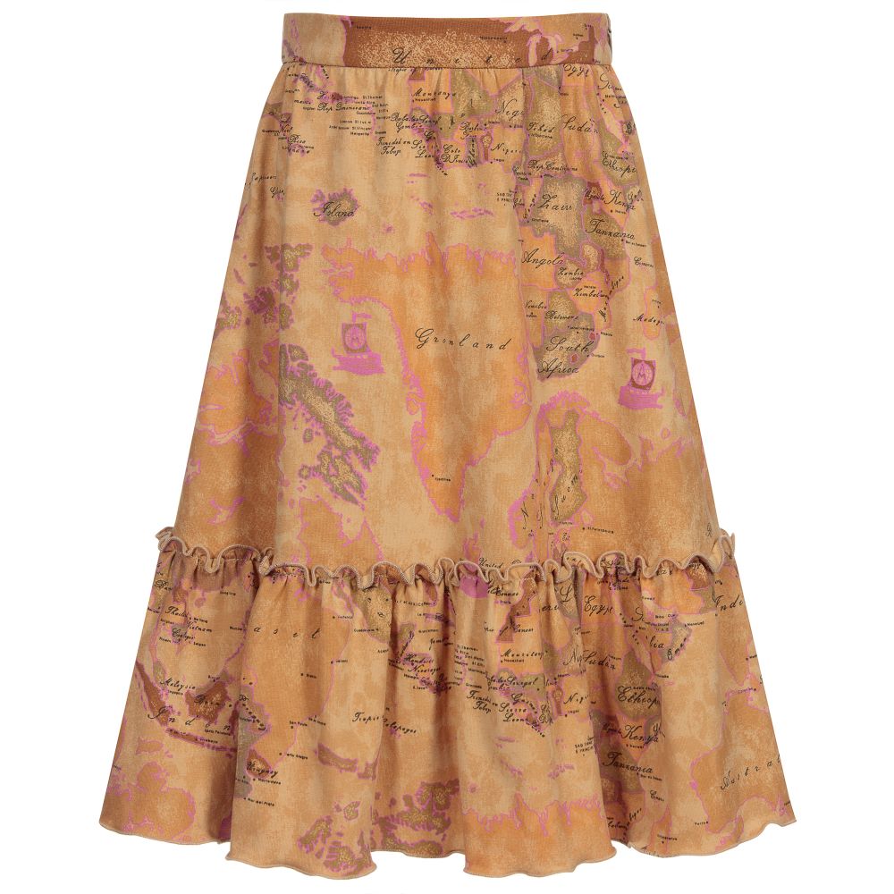 Alviero Martini-تنورة فيسكوز لون بيج بطبعة خريطة | Childrensalon Outlet