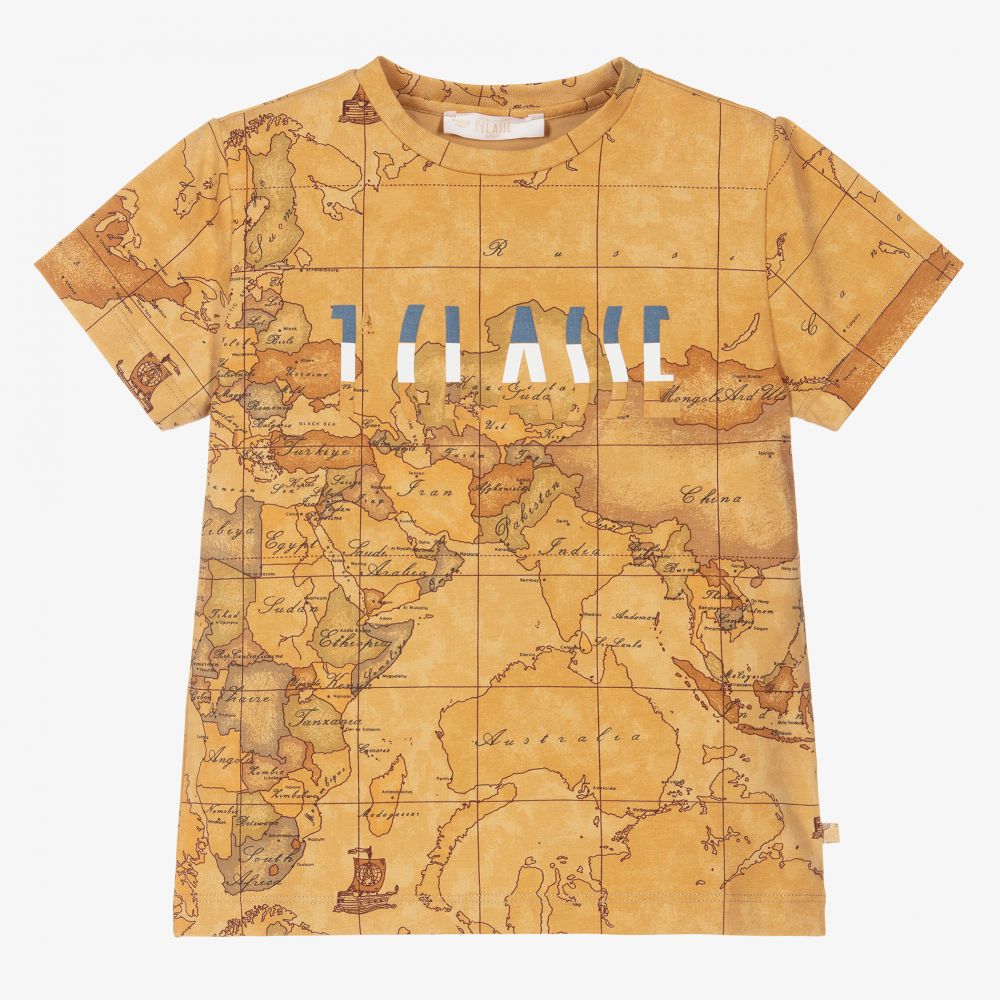 Alviero Martini - Dunkelbeiges T-Shirt mit Weltkarten-Print | Childrensalon