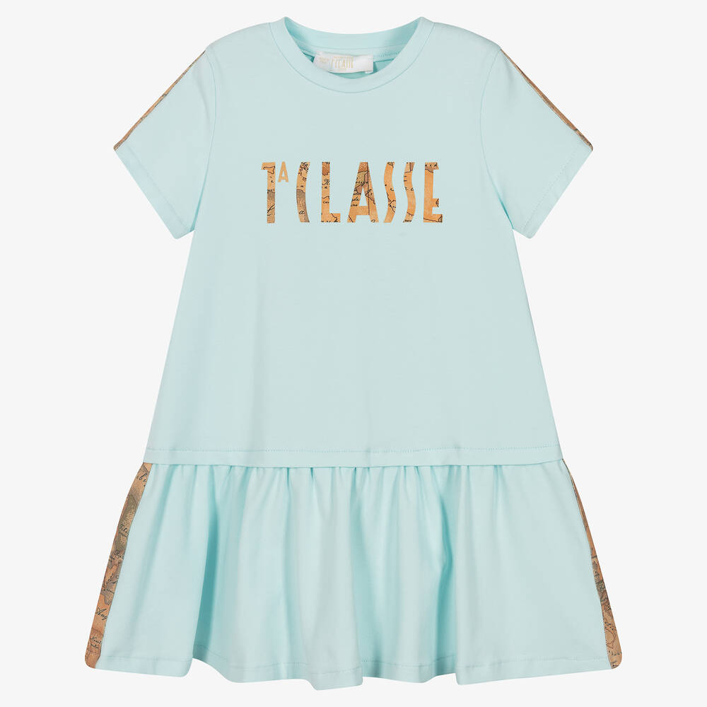 Alviero Martini - Girls Aqua Blue Geo Map Cotton Dress | Childrensalon