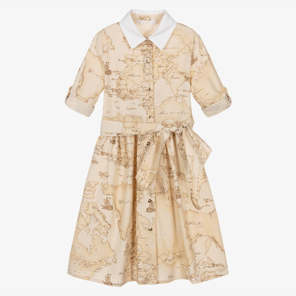 Alviero Martini-Girls Beige Cotton Map Print Dress | Childrensalon Outlet