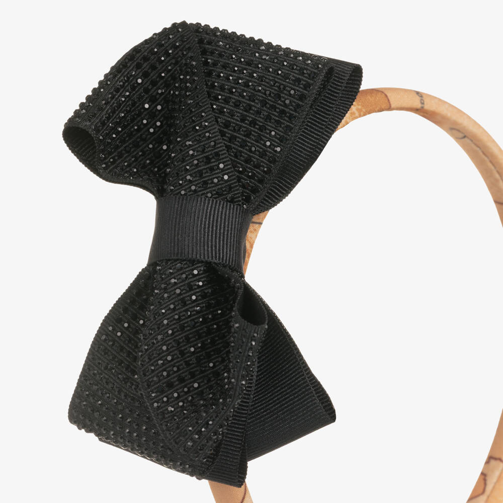 Alviero Martini-Girls Beige Geo & Black Bow Hairband | Childrensalon Outlet