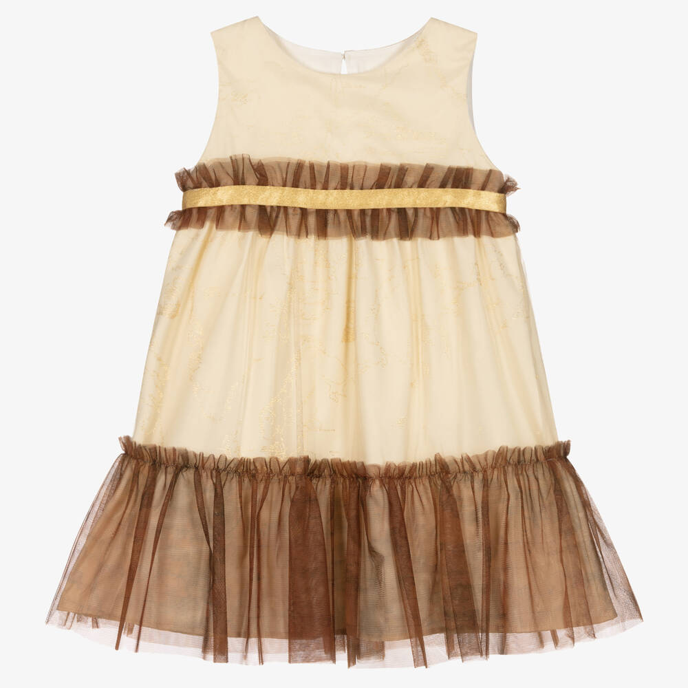 Alviero Martini - Girls Beige & Gold Geo Map Dress | Childrensalon