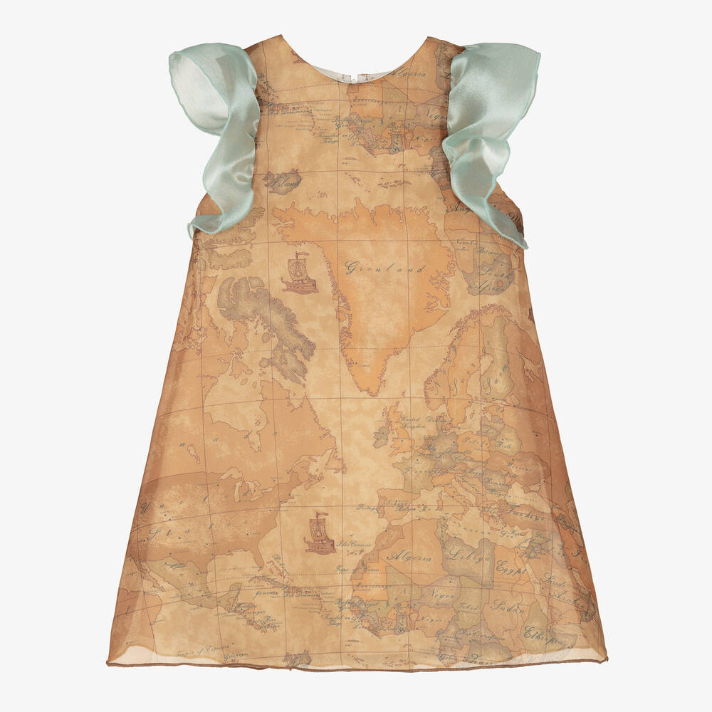Alviero Martini - Girls Beige Organza Geo Map Dress  | Childrensalon