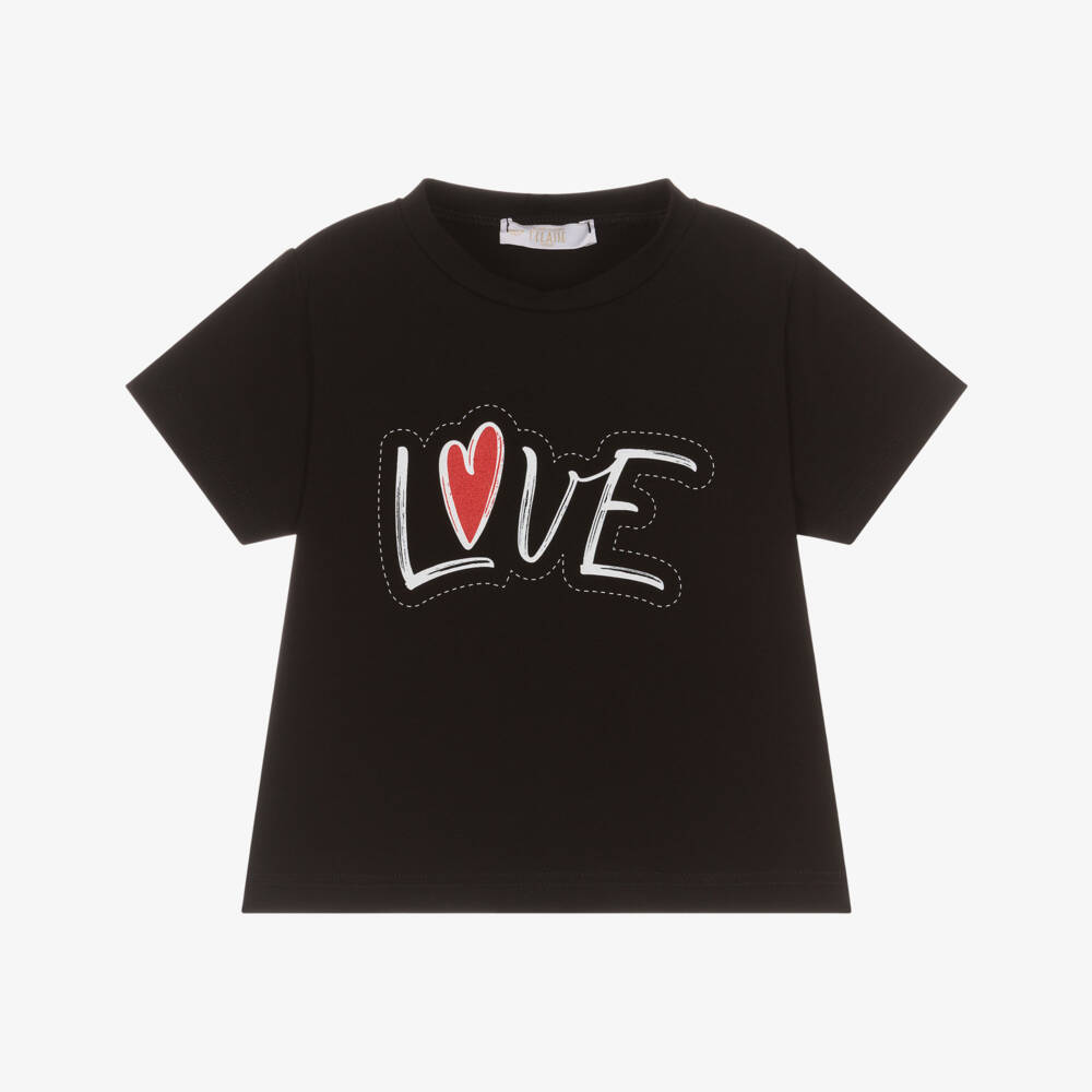 Alviero Martini-Girls Black Cotton Love Motif T-Shirt | Childrensalon Outlet