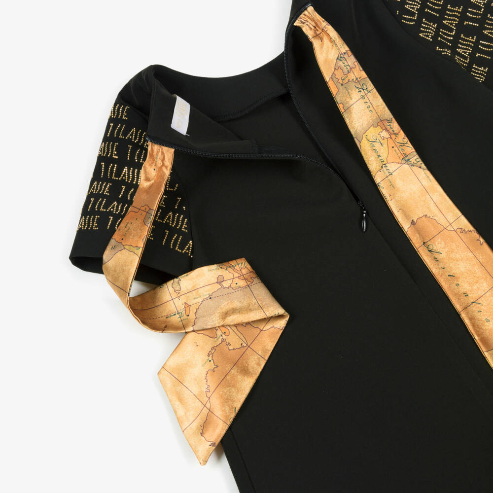 Alviero Martini-Girls Black Crêpe Dress with Gold 1A Classe Logos & Geo Bow | Childrensalon Outlet