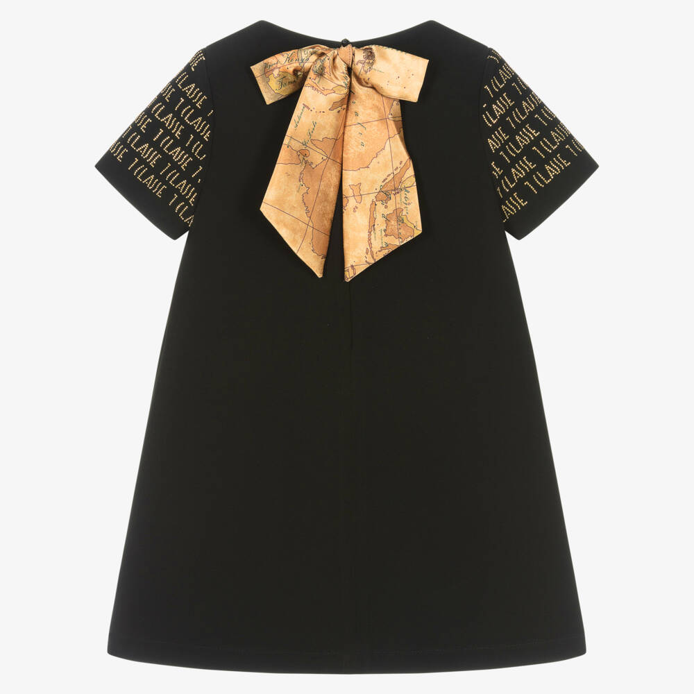 Alviero Martini-Girls Black Crêpe Dress with Gold 1A Classe Logos & Geo Bow | Childrensalon Outlet