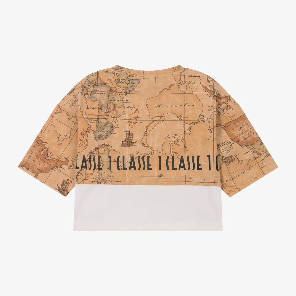Alviero Martini-Girls Dark Beige Geo Cropped T-Shirt | Childrensalon Outlet
