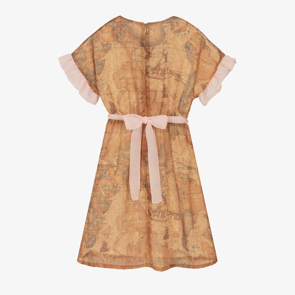 Alviero Martini-Girls Dark Beige Geo Map & Pink Belt Dress | Childrensalon Outlet