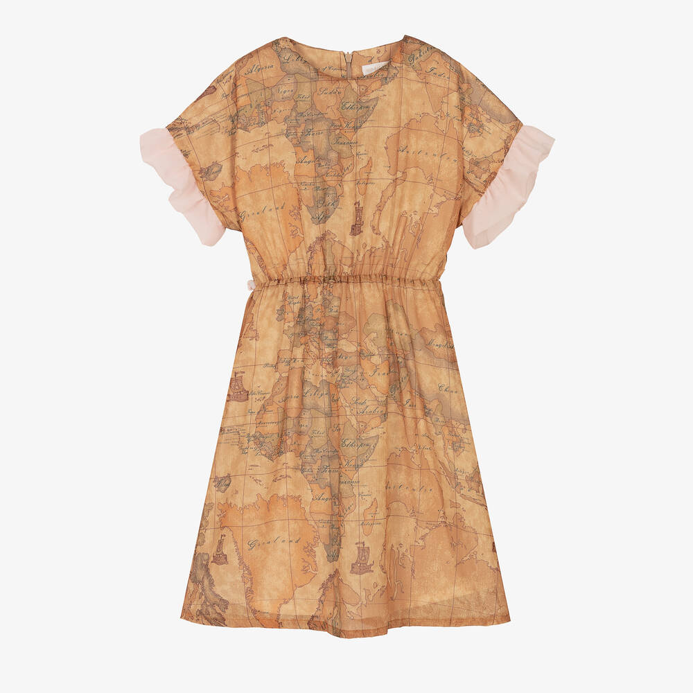 Alviero Martini-Girls Dark Beige Geo Map & Pink Belt Dress | Childrensalon Outlet