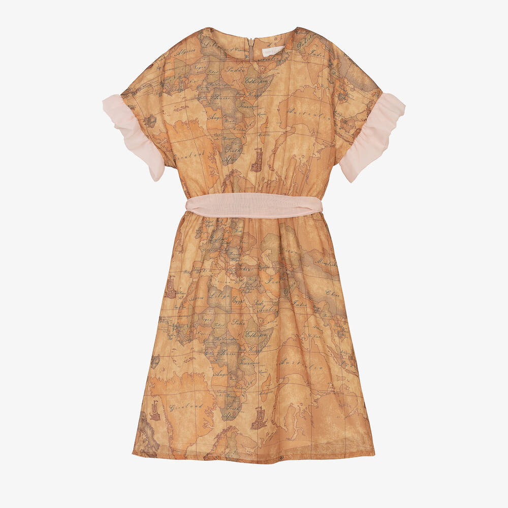 Alviero Martini - Girls Dark Beige Geo Map & Pink Belt Dress | Childrensalon