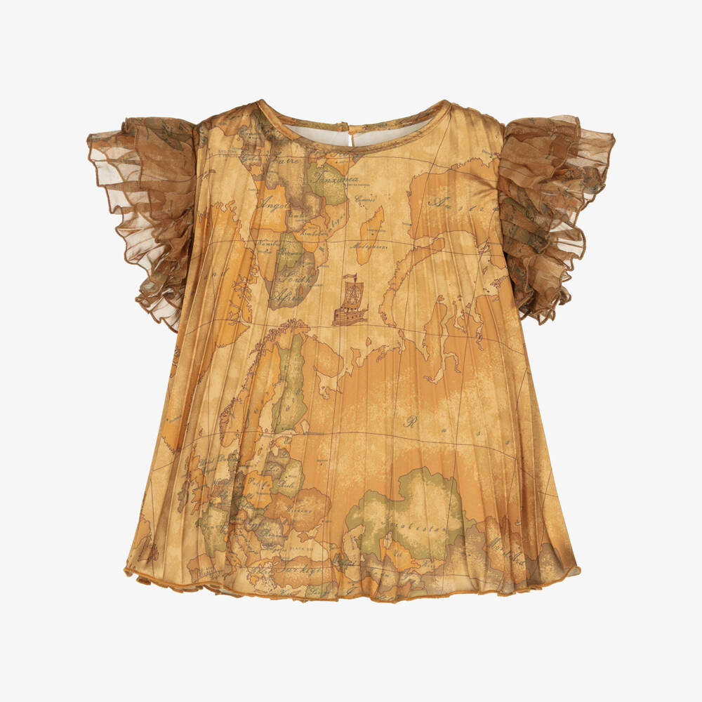 Alviero Martini-Girls Dark Beige Geo Map Satin Blouse | Childrensalon Outlet