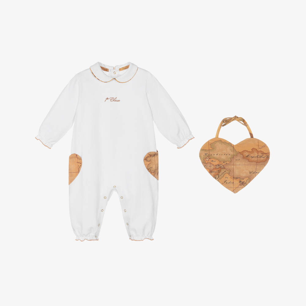 Alviero Martini-Girls Geo Heart Beige Babysuit Ensemble | Childrensalon Outlet