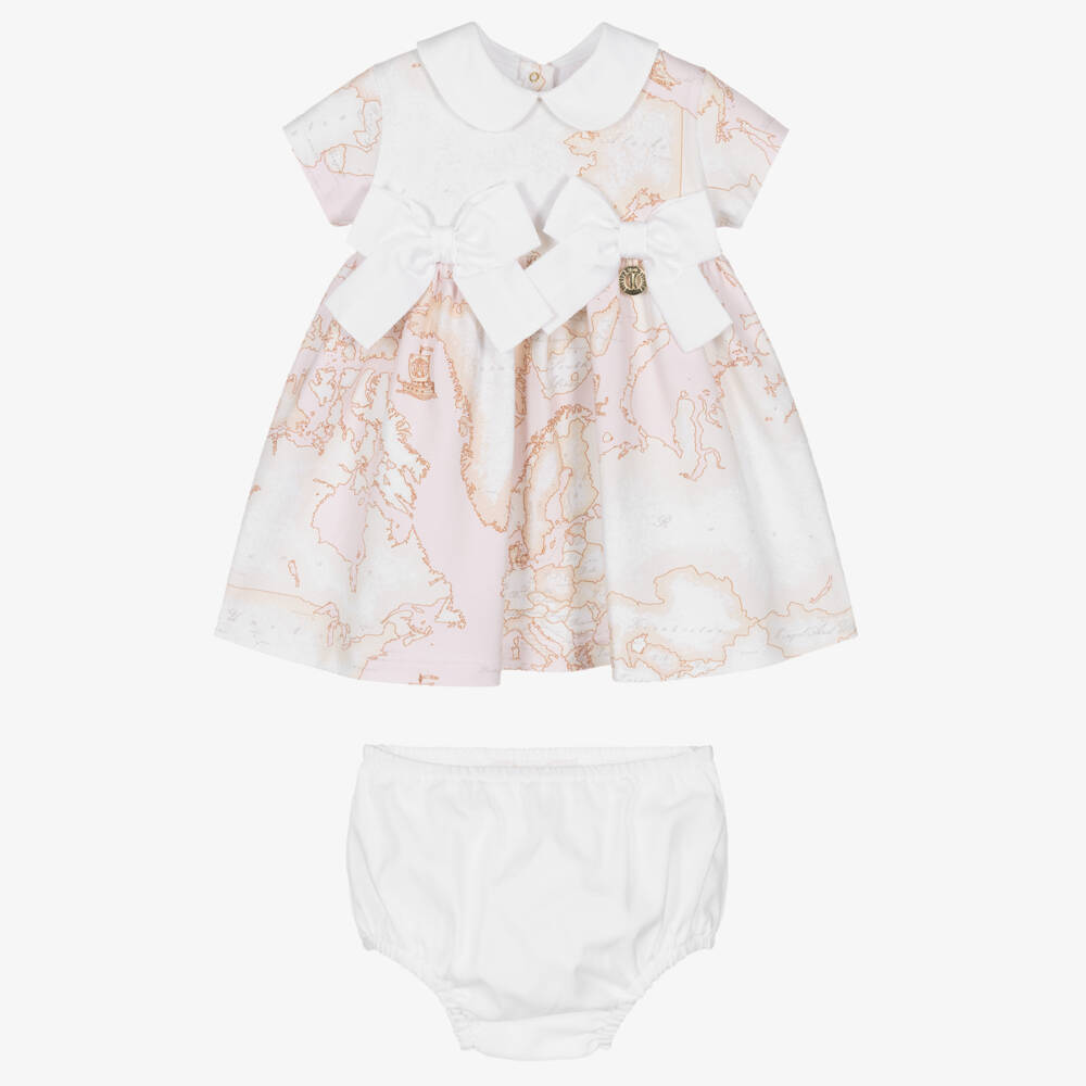 Alviero Martini-Girls Geo Patterned Pink Bow Dress | Childrensalon Outlet