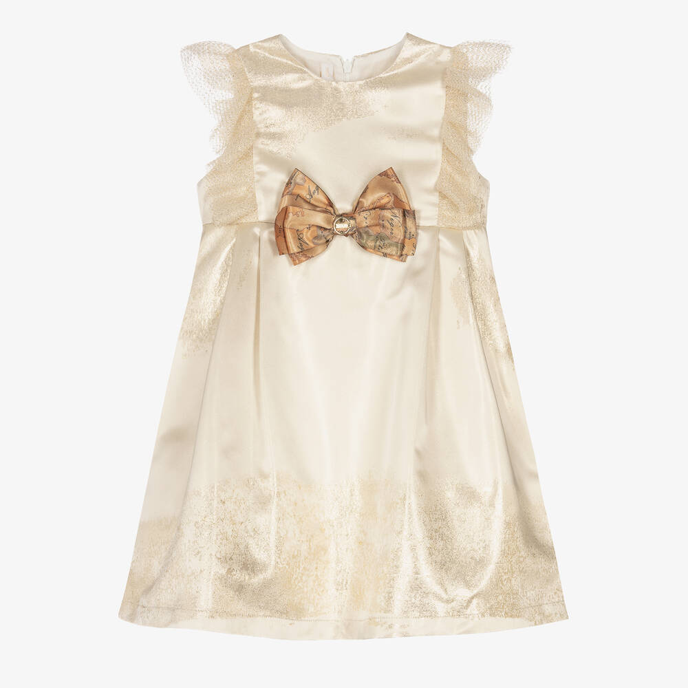 Alviero Martini - Золотистое жаккардовое платье с картой мира | Childrensalon