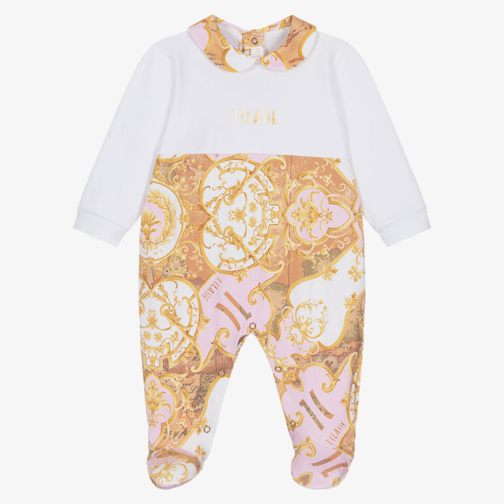 Alviero Martini-Girls Gold & Pink Baroque Print Babygrow | Childrensalon Outlet