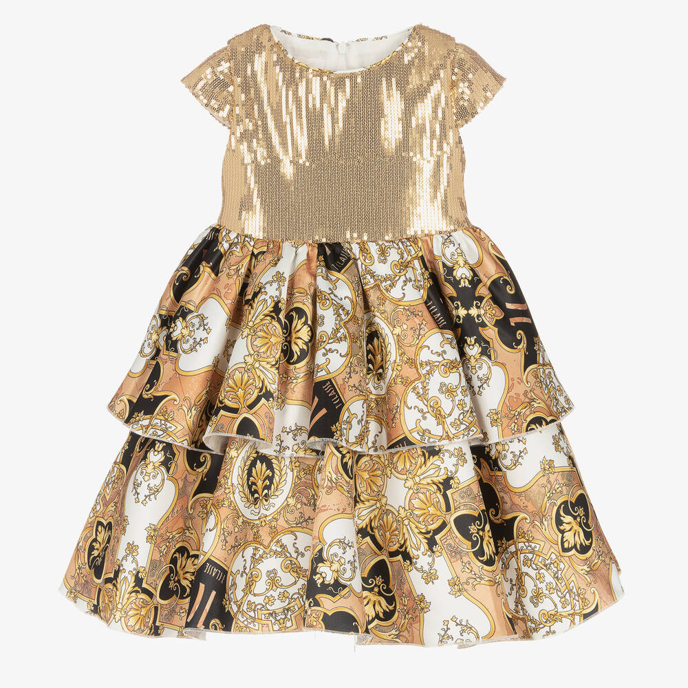 Alviero Martini - Girls Gold Sequin & Satin Geo Arabic Dress | Childrensalon