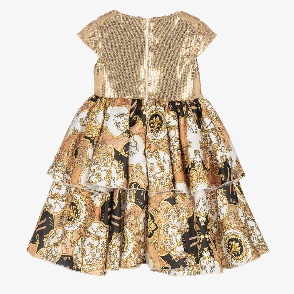 Alviero Martini-Girls Gold Sequin & Satin Geo Arabic Dress | Childrensalon Outlet