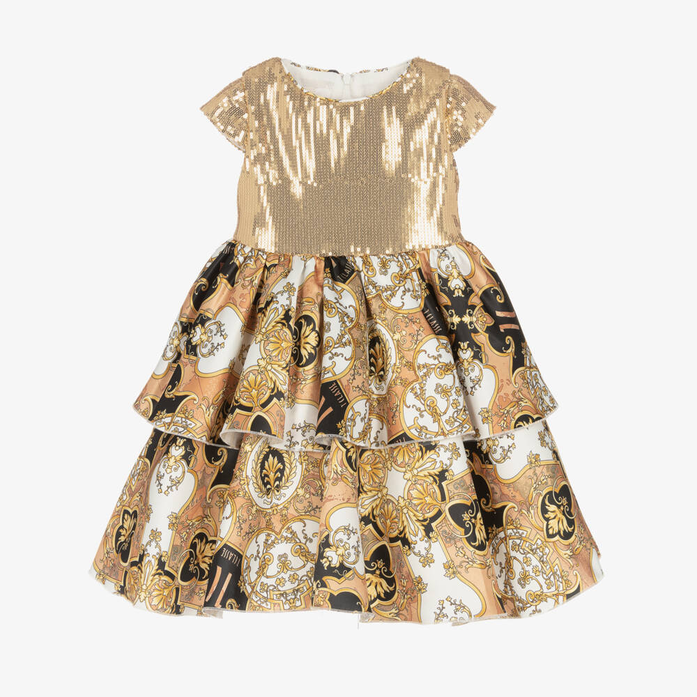 Alviero Martini-فستان ساتان وتول لون ذهبي  مزين بترتر | Childrensalon Outlet