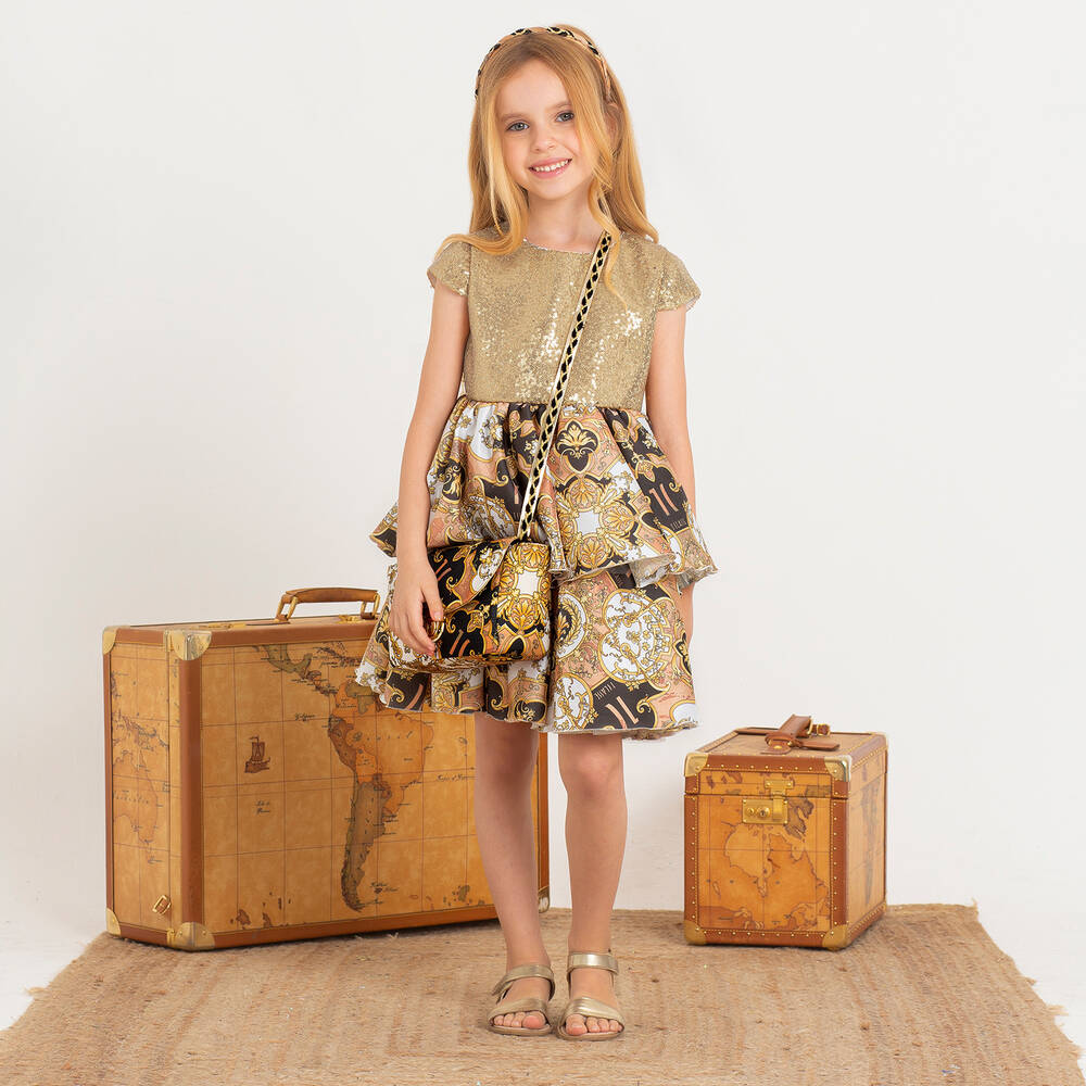 Alviero Martini-Girls Gold Sequin & Satin Geo Arabic Dress | Childrensalon Outlet